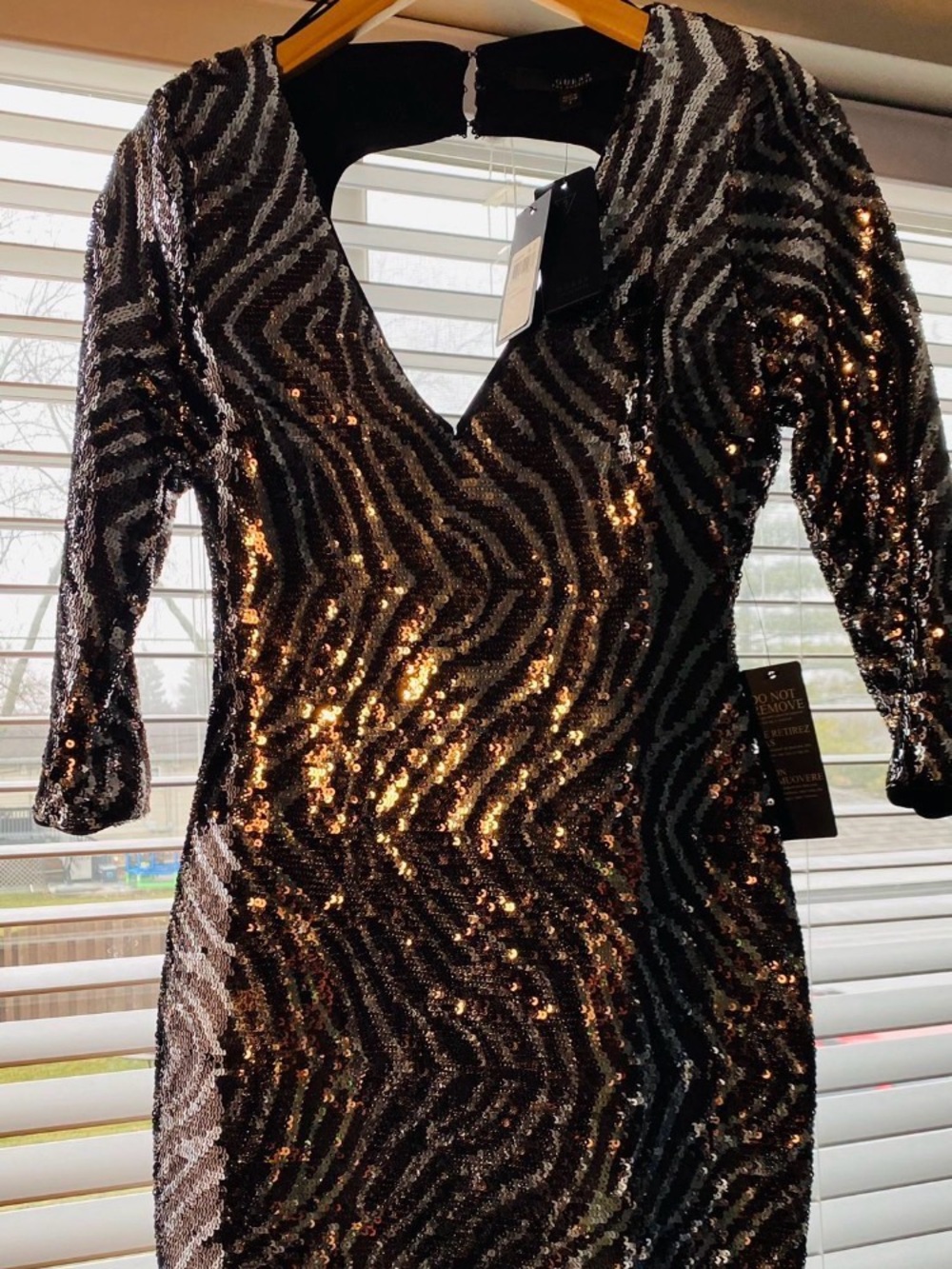 Guess Black and Gold Sequin V-Neck Long Sleeve Dress